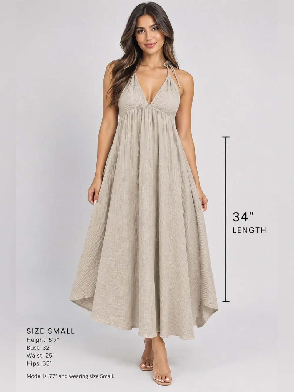 LoveStitch Women's Gauze Halter Maxi Dress - Beige/Taupe - S/M